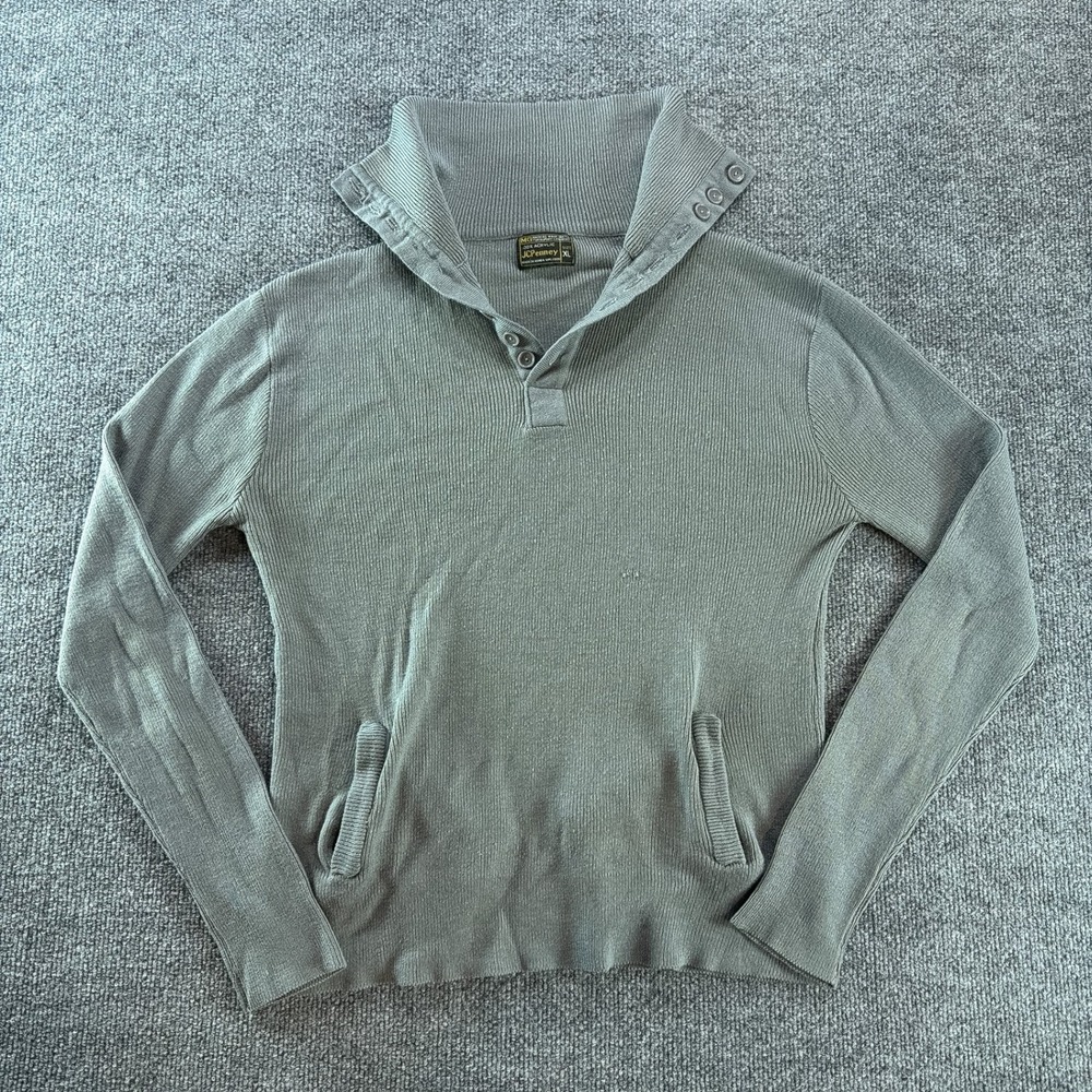 Vintage JCPenney Ribbed Knit Button Funnel Neck Sweater Gray XL Womens Retro